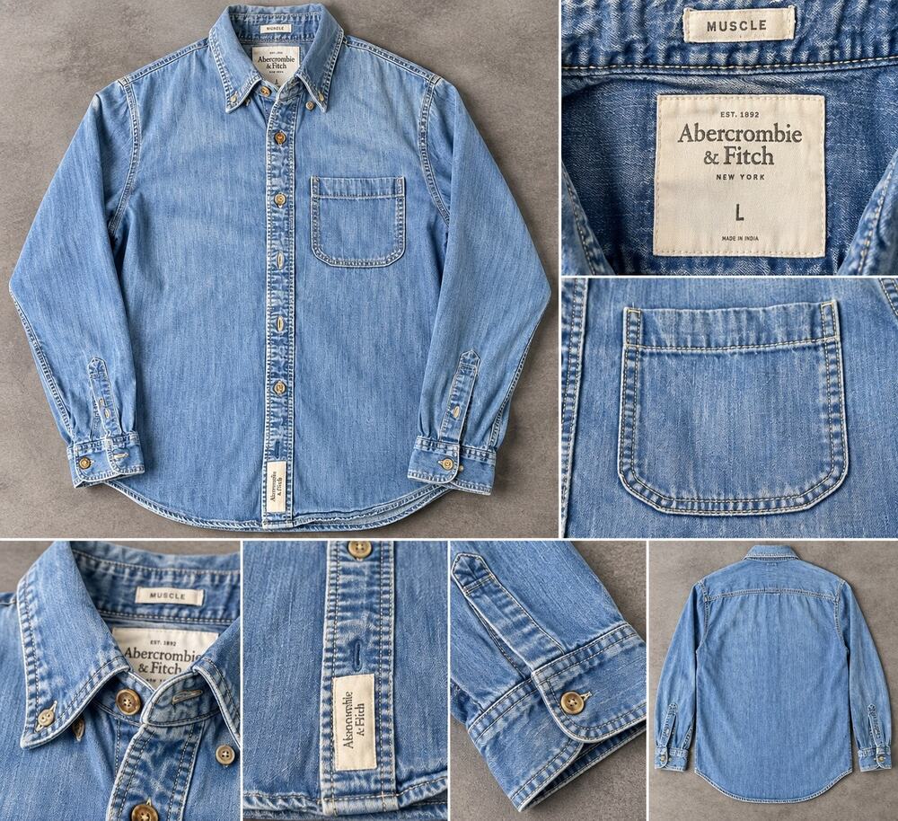 Abercrombie & Fitch Men’s L Muscle Fit Light Wash Denim Shirt Button Down